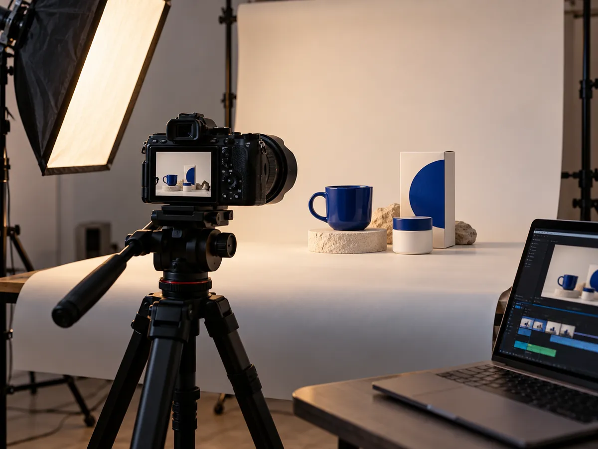 Concept image of a camera, studio lighting, product scene, and video editing workstation