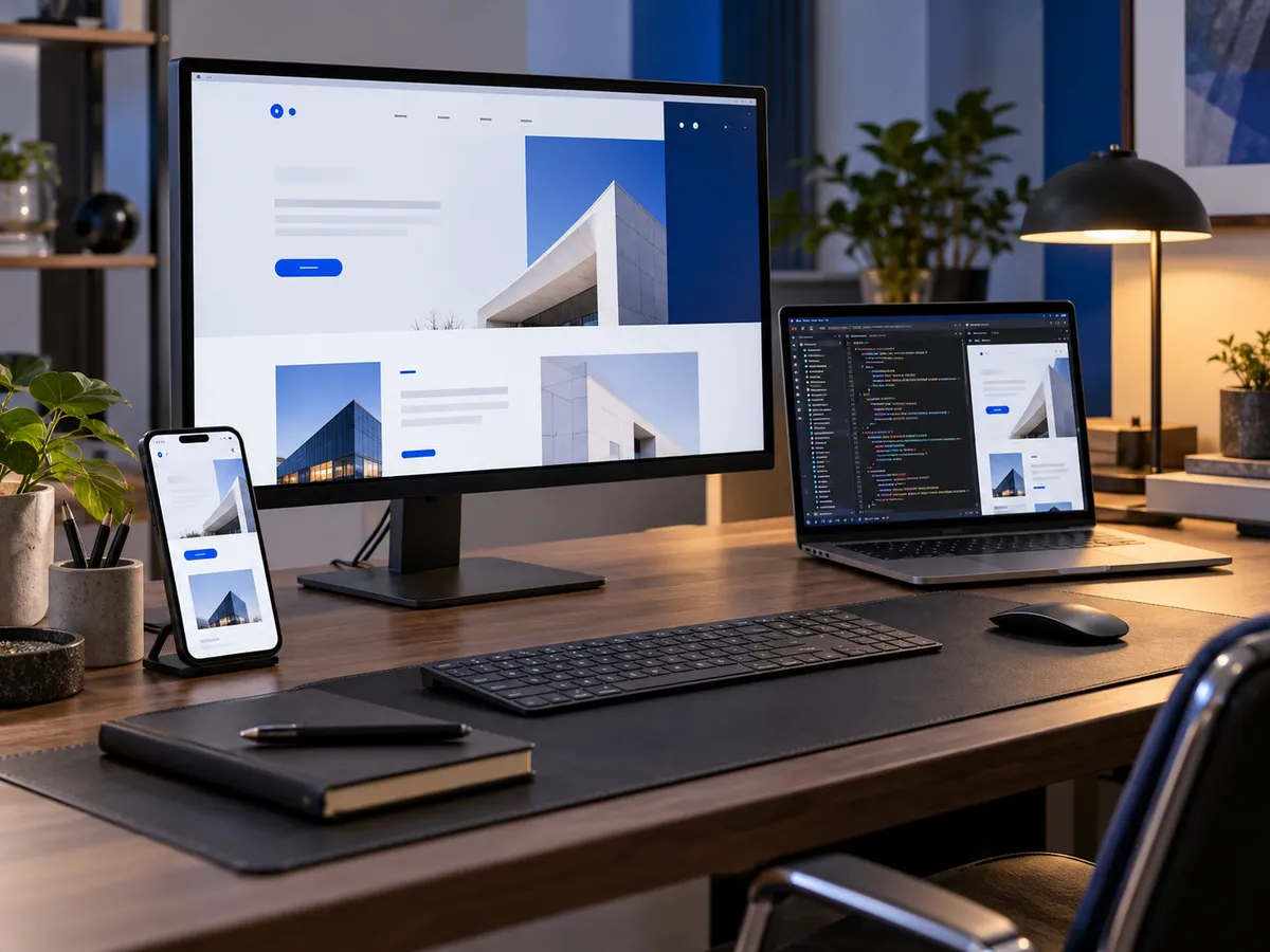 Concept image of a website and code editor across a desktop monitor, laptop, and phone